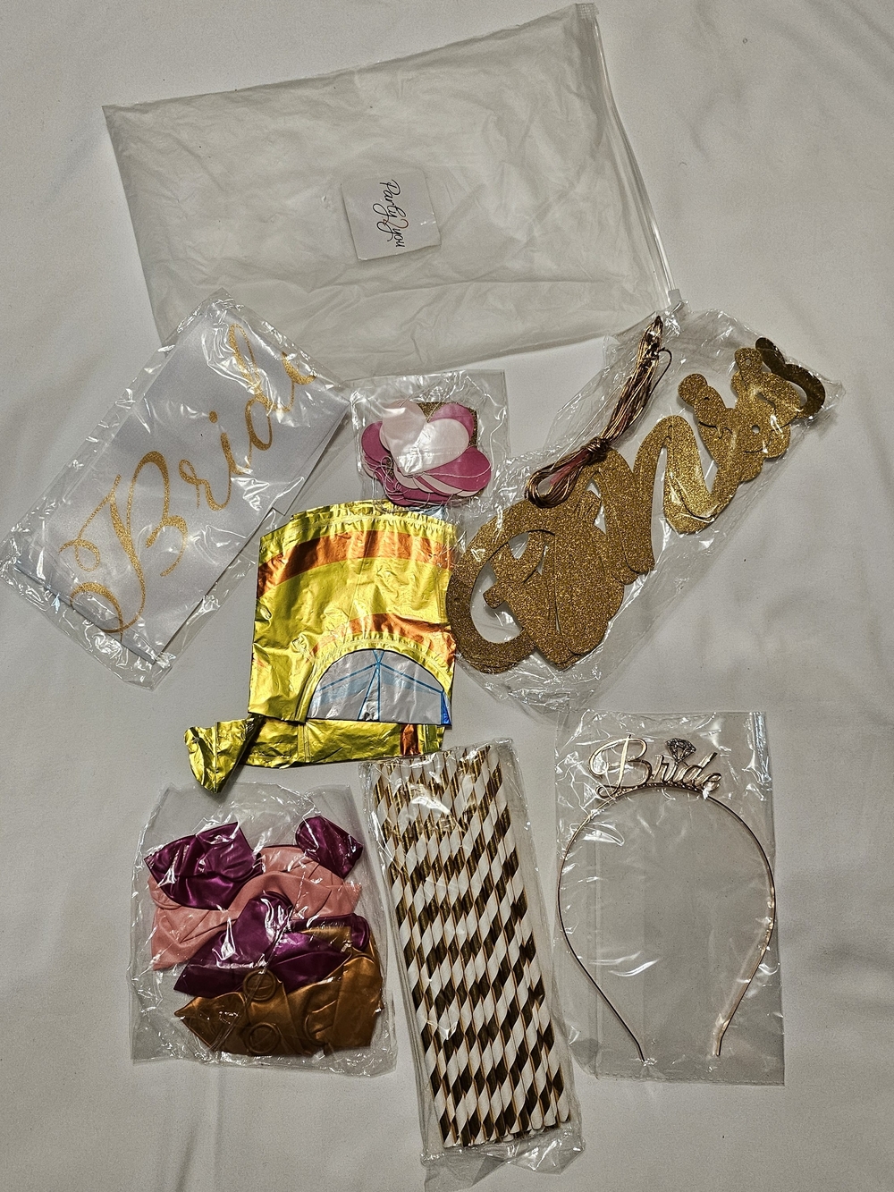 Bride Party Accessory Kit Gold and Pink Bridal Set Tiara Straws Balloons Sash